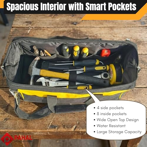 Image of PAHAL APACHE 18 Inch Tool Bag - Multipurpose Nylon Water-Resistant Tool Storage Organizer for Electricians, Plumbers, Technicians & Mechanics, Durable Portable Tool Carry Bag, Yellow Black