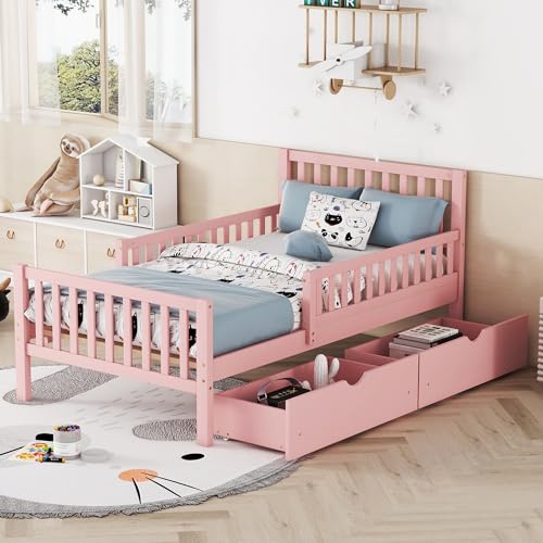 Merax Twin Bed Frame with Storage Drawers and Safety Guardrails on Both Sides, Wood Platform Bed & Headboard and Footboard for Kids, Boys, Gilrls, Solid Slats Support, No Box Spring Needed, Pink