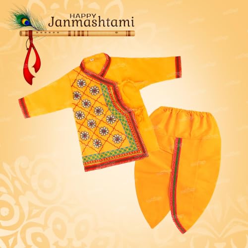 Image of Zest 4 Toyz Kids Krishna Dress Costume for Janmashtami Boys Kanha Fancy Dress Kurta, Dhoti, Patka, Kundal, Morpankh, Mukut, Mala, Bansuri