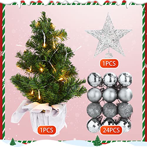 Sumind 24inch/2ft Tabletop Mini Christmas Tree Set with LED Lights, 24 Christmas Ball Ornaments, Pre-lit Small Artificial Green Tree Decoration for Xmas Table Indoor Holiday(Silver) by Sumind - Image 3