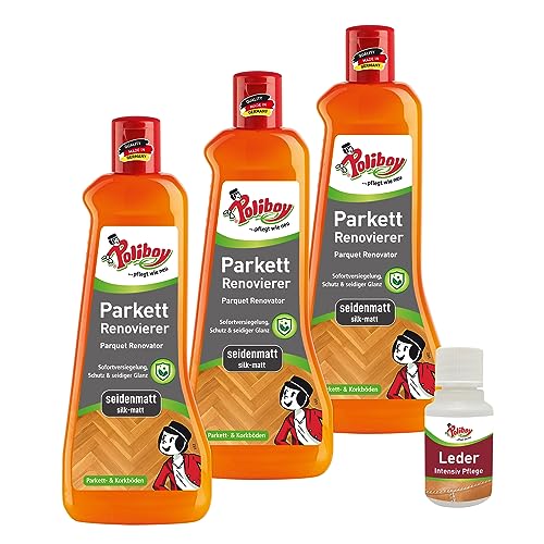 POLIBOY Parkett Renovierer Seidenmatt - Bodenaufbereiter mit Schutz- und Glanzeffekt für Parkettversiegelung - 3x 500ml - Mit Produkt-Probe - Made in Germany