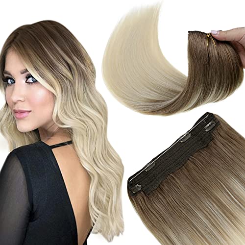 Halo Hair Extensions Real Human Hair Brown to Blonde 18 Inch Balayage Light Brown to Platinum Blonde Hidden Crown Hair Extensions Human Hair One Piece Clip in Straight Hair 80 Grams