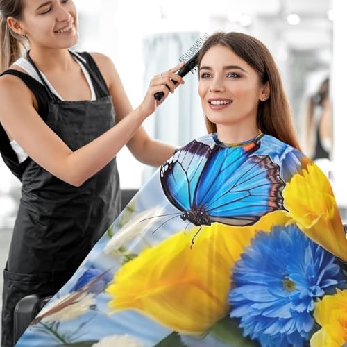 Capa para corte de cabello profesional impermeable con flores azules y amarillas, con cierre ajustable de broche, para peluquería y barbería miniatura 7