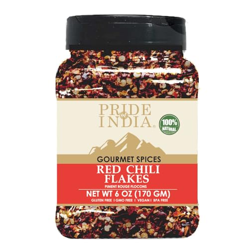 El orgullo de la India - Red Hot Chili Flakes - 14 oz (396 g) se utiliza en los alimentos salados: la mejor especia india auténtica para pasta, pizza, guisos, etc., ofrece el mejor valor