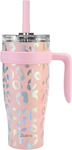 Zukro Vaso de 40 onzas con asa y popote, vaso aislado de acero inoxidable de doble pared con tapa abatible 2 en 1, 100% a prueba de fugas, mantiene