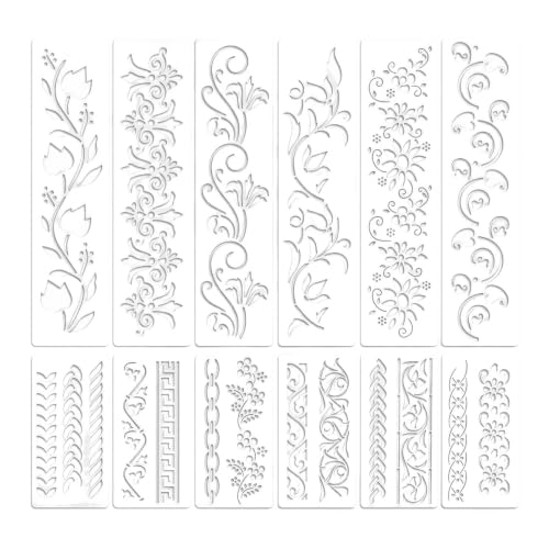 12 Pochoirs Décoratifs, Bekecidi Pochoir en Plastique Réutilisable Motifs Floraux et Dentelle pour Décoration Murale Bricolage Tissu Meuble