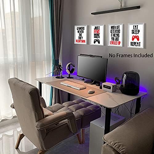KAIRNE Funny Game Art Print Inspirational Words Quote Poster Game Themed Wall Art Set of 4 (10 X8 Canvas eat sleep game repeat Pictures for Kids Teenage Boy Bedroom Playroom Home Decor, No Frame
