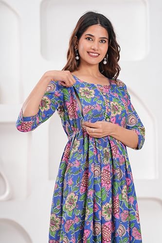 Image of Women's Feeding Kurta Cotton | Floral Anarkali Pregnancy Kurta with Nursing Zipper | Pre & Post Partum | Maternity Dresses | Mom to Be Gift