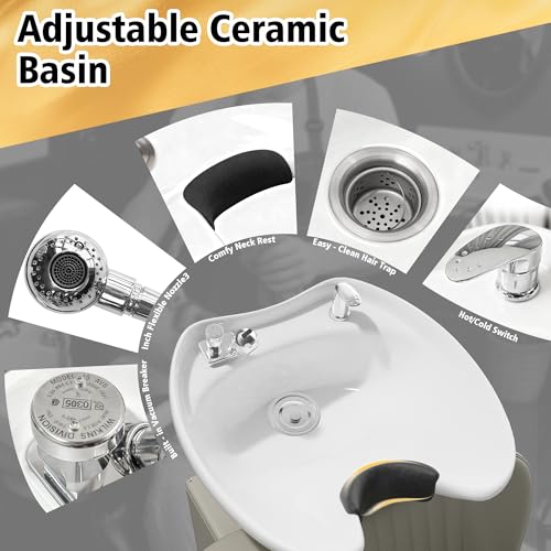 Image of KIGOTY Salon Shampoo Backwash Chair, Shampoo Bowl and Chair Set, Hair Washing Station with Large Adjustable Ceramic Bowl, Shampoo Bowl Sink Chair for Salon (Oatmeal)
