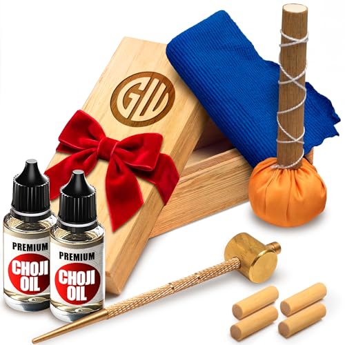 Sword Katana Knife Cleaning Kit - Maintenance Set with 2 Choji Oil - Large Microfiber - Japanese Wooden Stoarge Box - Uchiko Ball - Hammer - 4 Mekugi - Care for Samurai Katanas Swords - Storage Cases