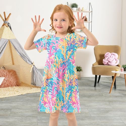 ALAZA Tropical Coral Reef Toddler Girls Dress Short Sleeve A-line Dress 2-8 Years4