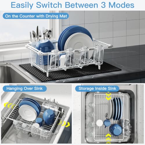 Image of JASIWAY White Dish Drying Rack in Sink with Mat, Cups and Utensil Holder