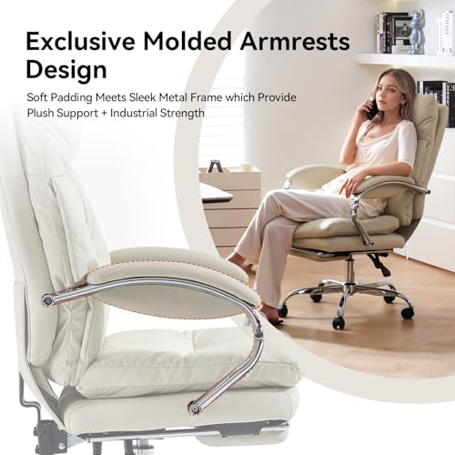 Image of LEAGOO Office Chair with Foot Rest, Ergonomic Executive Office Chair with Arms, Reclining High Back PU Leather Comfy Swivel Computer Desk Chairs with Wheels and Lumbar Support for Home Office, Cream