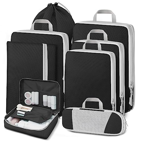 Lannvan Organizer Valigie,Set di 8 Compression Packing Cubes,Organizer Viaggio Salvaspazio,Organizzatori Valigia Viaggio,Organizzatore Valigia Zaino,bag 8pcs blackTrucchi,Nero