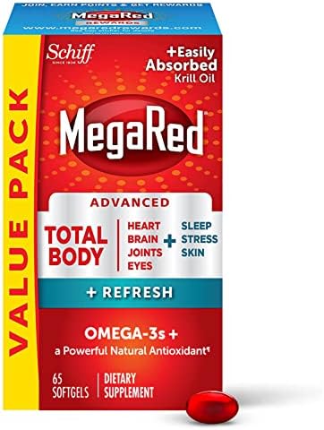 Megared Omega-3 Blend Total Body + Refresh 500mg Softgels, (65 Count in a Bottle), Easily Absorbed Krill Oil, to Support Your Heart, Joints, Brain & Eyes
