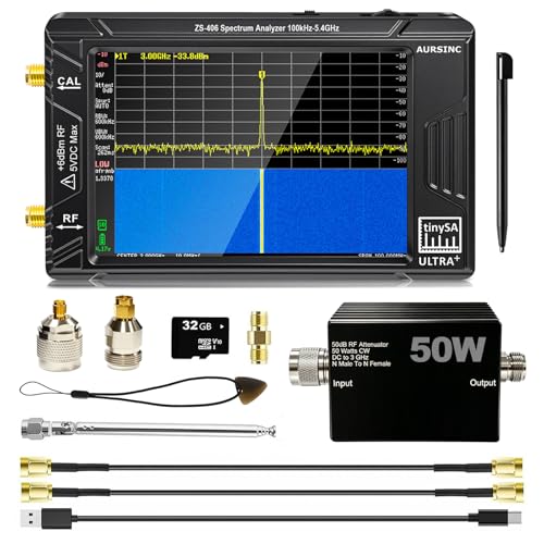 AURSINC TinySA Ultra+ ZS406 Spectrum Analyzer with 50W Attenuator, 2025 Upgraded 100kHz-5.4GHz V0.4.6 Portable Frequency Analyzer with 32Gb Card