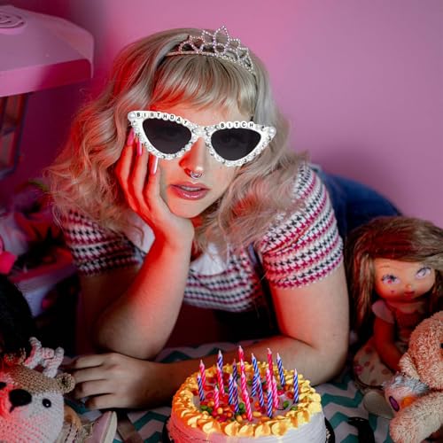 Birthday Girl Sunglasses for Women, White Birthday Bitch Glasses Shiny Bling Diamond Pearl Sunglasses Outfit Decorations for Women Girl Party Gifts Supplies Accessories Favors4