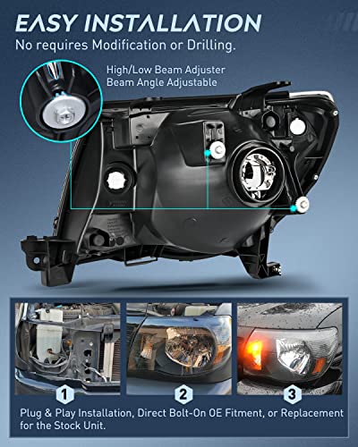 Nilight Headlight Assembly For 2005 2006 2007 2008 2009 2010 2011 Toyota Tacoma Replacement Headlamp Black Housing Amber Reflector, 2 Years Warranty #TOP6