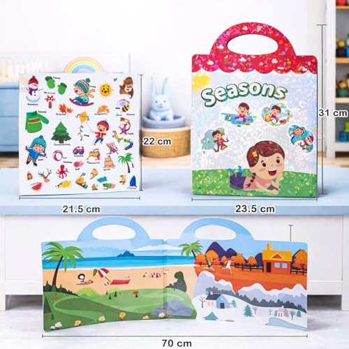 Image of Wishkey Reusable Jelly Sticker Book for Kids 46 Pcs Seasons Theme Waterproof Double-Sided Activity Book Educational Learning Toy with Spring Summer Winter Autumn Scenes Travel Friendly 2+ Years