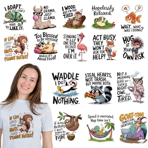 Dazoratix Funny Animal Iron on Transfers - 16 Sheets Cute DTF Ready to Press Heat Patches Stickers Vinyl Designs Decals for Women Girls T Shirts Clothing Clothes Pillow DIY Craft Applique Decorations