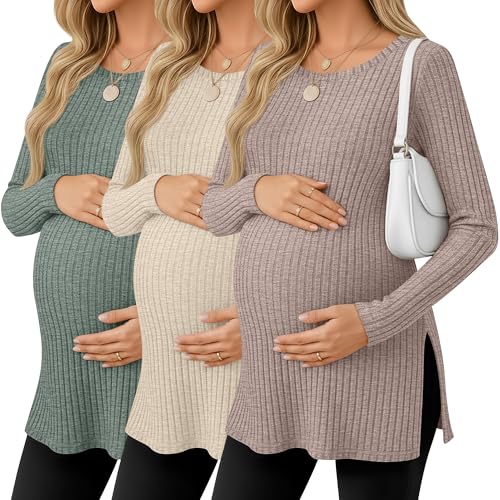 Ficerd 3 Pack Women's Maternity Shirts, Ribbed Long Sleeve Pregnancy Sweaters Crew Neck Slit Side Knit Pregnant Tunic Tee Top(Light Coffee, Apricot, Army Green,Large)