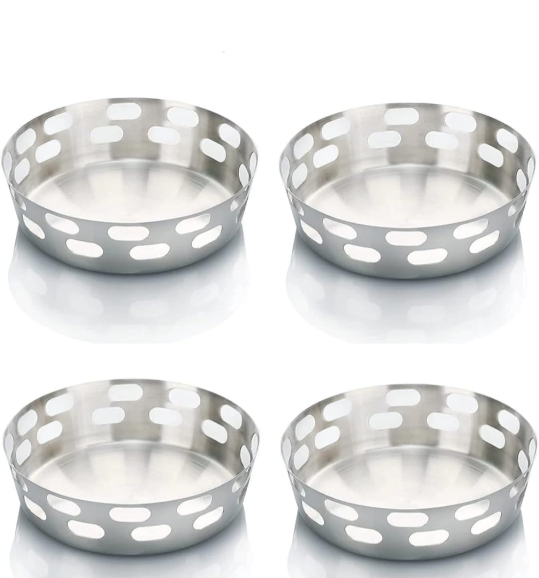 Synaptic Shadows Stainless Steel Round Capsule Punch Bread/Fruit/Roti/Naan Serving Basket for hotel, dining, restaurant 18 cm * 5 cm Pack of 4