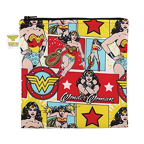Bumkins Reusable Sandwich and Snack Bags, for Kids School Lunch and for Adults Portion, Washable Fabric, Waterproof Cloth Zip Bag, Travel Pouch, Food-Safe Storage, Large, DC Comics Wonder Woman