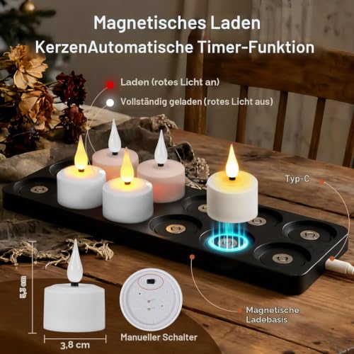 yunsheng 12Stk Magnetische Wiederaufladbare Teelichter Fernbedienung Timer – Ansicht 3
