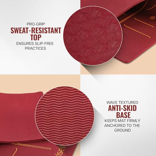 Image of WiseLife Lotus Alignment 10mm Yoga Mat with Strap | Non-Slip Thick Exercise Mat for Yoga, Pilates, Gym & Flexibility Training (Wine)