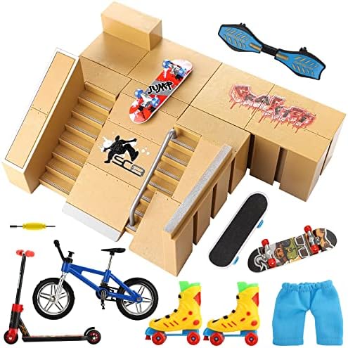 Finger Skateboard Ramp Set 16 Pcs - TIME4DEALS Finger Skatepark Kit Fingerboard Skatepark 5 Pieces & Finger Toys Set Including Finger Boards Scooters Skates Bikes Caster Boards & Accessories Kid Gifts