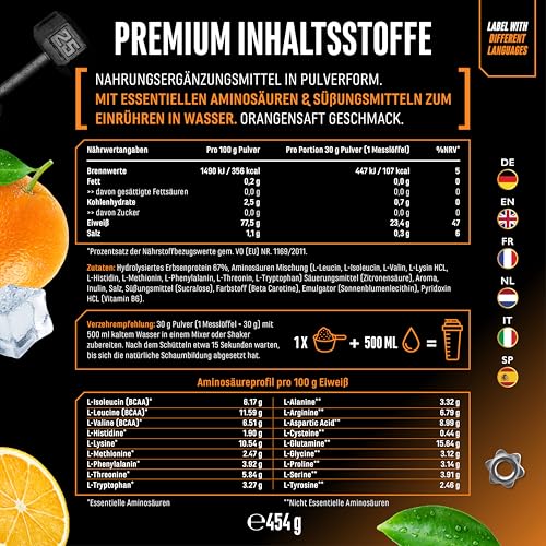ClearPea® - Clear Protein Vegan - Lecker & erfrischender veganer Eiweiß-Shake - Veganes Eiweißplulver aus Erbsenproteinhydrolysat Pepitde - Clear Whey Alternative (454g, Orange Juice)