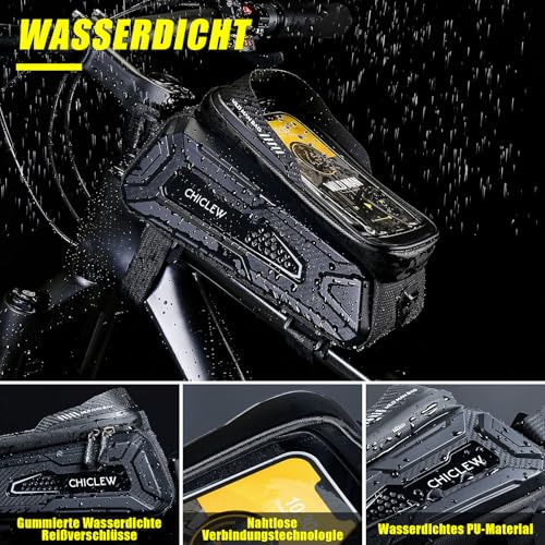 CHICLEW 2L Fahrradtasche Rahmentasche Handyhalterung Wasserdicht, 0.25mm TPU Touchscreen, Military...
