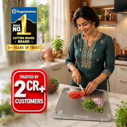 OrganizeMee Tabla de Cortar Grande de Acero Inoxidable, Rectangular 36 cm x 25 cm, Durable con Base Antideslizante de Silicona miniatura 2