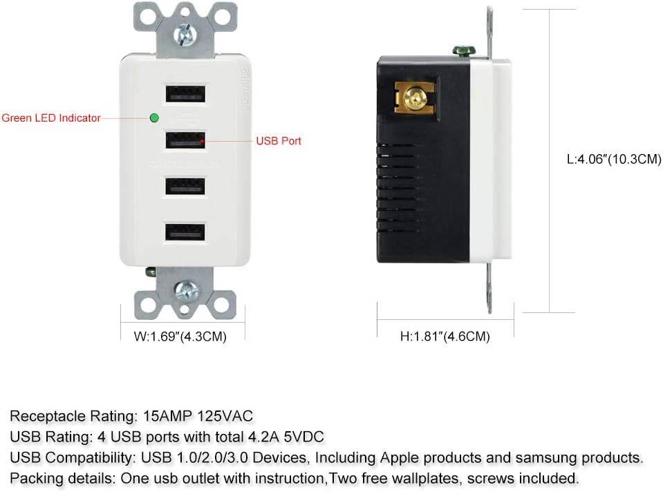 LEOD 4.2A Output High Speed 4 USB Port Charger Wall Outlet and LED Blue Indicator Light with 2 TypesWall Plates(Standard and screwless Included), USB Outlet with 4 USB Port, White,UL Listed[1 Pack] image 5