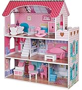 PIDOKO KIDS Wooden Dollhouse - Includes 12 Pcs Furniture Accessories - Wood Doll House for 3 4-5 ...