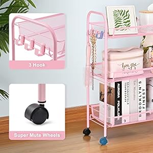 TOOLF 3-Tier Metal Rolling Cart, Mesh Wire Easy Assemble Utility Cart, Storage Trolley on Wheels with 3 Hooks, MetalStorage Shelving Units for Kitchen Bathroom Laundry Room TOOLF 3 Tier Metal Rolling Cart Mesh Wire Easy Assemble Utility Cart Storage Trolley on Wheels with 3 Hooks MetalStorage Shelving Units for Kitchen Bathroom Laundry Room