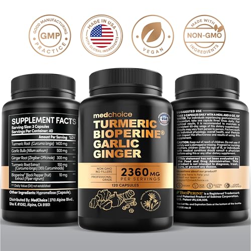 4-in-1 Turmeric and Garlic Supplements with BioPerine – 2360mg Turmeric Ginger Root Capsules with Garlic – High Potency Herbal Blend (120 ct)