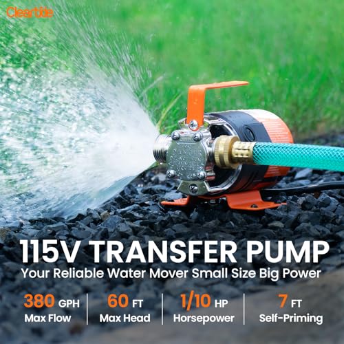 Cleartide Bomba de Transferencia de Agua 115V, 1/10HP, 380GPH, Bomba de Agua Eléctrica con Kit de Manguera de Succión de 6 pies, Bomba Portátil Pequeña para Vaciar Piscina y Otros Usos miniatura 2