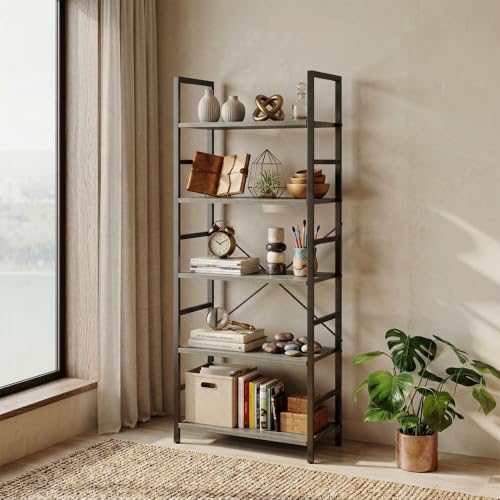 Image of HealSmart 5 Tier Bookshelf, Free Standing Book Shelf Home Office Bookcase Shelf Storage Organizer for Bedroom, Bathroom, Living Room, Office, Balcony, Gray Wood