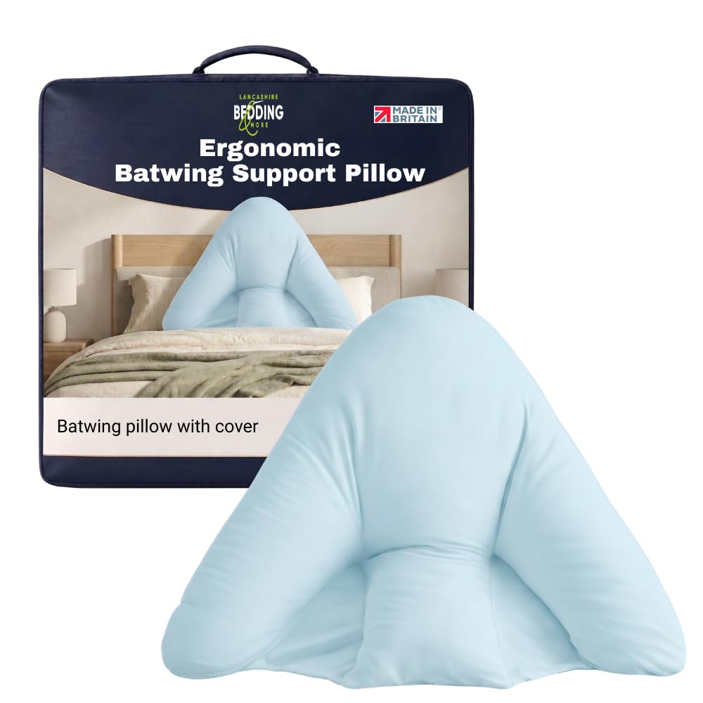 Lancashire Bedding Batwing Pillow; Bat wing Pillow with Pillowcases - Orthopaedic Pillow for Back, Neck, Shoulder - Soft Batwing - Help in Maternity, Nursing, TV Watching, Hollowfibre Filled 72 X 84cm