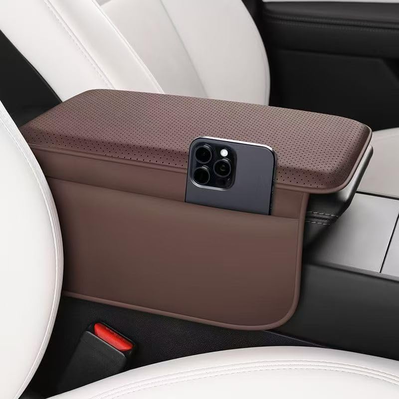 Capa acolchoada para apoio de braço central XHW em couro Nappa para Tesla Model Y – marrom escuro