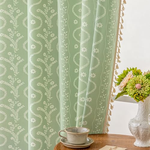 Image of Boho Curtains 63 Inch Long for Living Room, Bedroom, 2 Panels Floral Farmhouse Vintage Tassel Semi Sheer Light Filtering Privacy Window Curtain Drapes with Rod Pocket,Light Green
