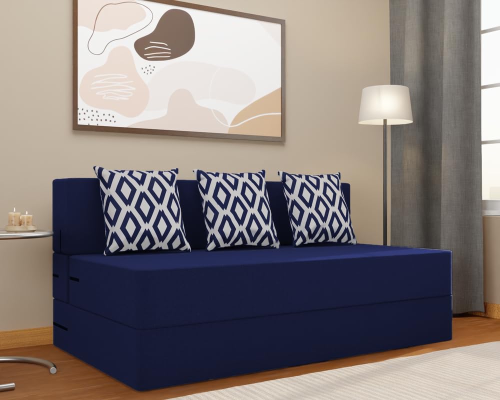 Adorn India Easy 3 Seater Sofa Cum Bed (Rhombus Pattern) Size 5' X 6' Ft (Blue Color) Perfect for Home & Office for Guests (1 Year Warranty)