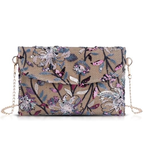 Image of Clutch Purses for Women, Envelope Package, Sequin Embroidered Flowers Straw Bag, Bohemian Handmade Handbags