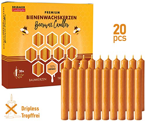 Brubaker 10% Beeswax Tree Candles - Pack Of 20 - Honey Colored - 3¾ X ½ Inch (9.5 X 1.27Cm) - Made In Europe - Pyramids, Carousels & Chimes #TOP1
