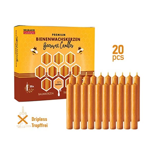 BRUBAKER 20er Pack Baumkerzen 10% Bienenwachs Weihnachtskerzen Pyramidenkerzen Christbaumkerzen Honig-Gelb – Bild 3