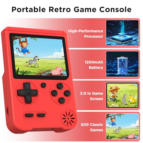 Handheld Game Console, Preloaded 500 Retro Video Games, Portable Game Player with Rechargeable Battery 3.0\" LCD Screen, Support for TV and Two Players, Suitable for Boys and Girls (Red) - Thumbnail 3