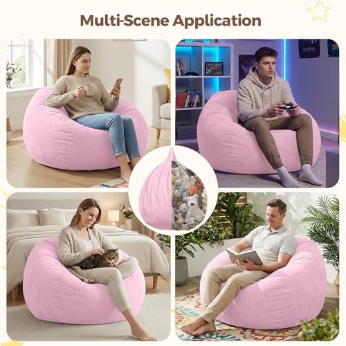 Image of Stuffed Animal Storage Bean Bag Chair Cover for Adults (No Filler), Soft Comfy Velvet Beanbag Chair Cover Machine Washable, Adults Bean Bag Chair with Handle for Living Room Bedroom, Pink