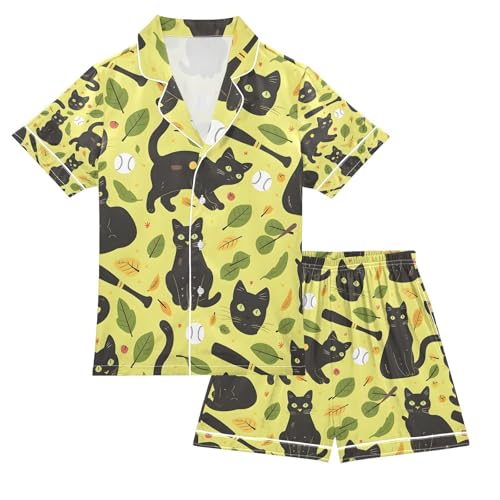 senya Black Cat on Yellow Satin Summer Pajama Sets Silk Short Sleeve Button Down Sleepwear