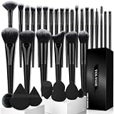 32Pcs Makeup Brushes Set Professional Makeup Kit – Foundation Powder Concealers Blush Eye shadows 25 Pcs Brushes with 4 Makeup Sponge & 3 Powder Puff (Black)